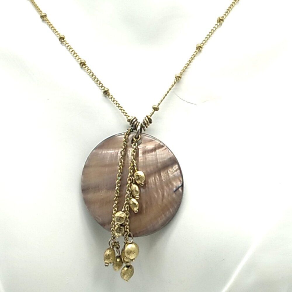 LIA SOPHIA "TOASTED" Brown River Shell Pendant Necklace Gold-tone Beaded Chain